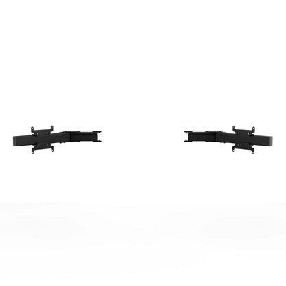 Mirrored left and right Apex monitor stand side arms with articulated extensions and VESA plates