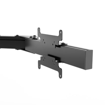 Close-up of the split VESA mounting plates on a black Apex monitor stand side arm