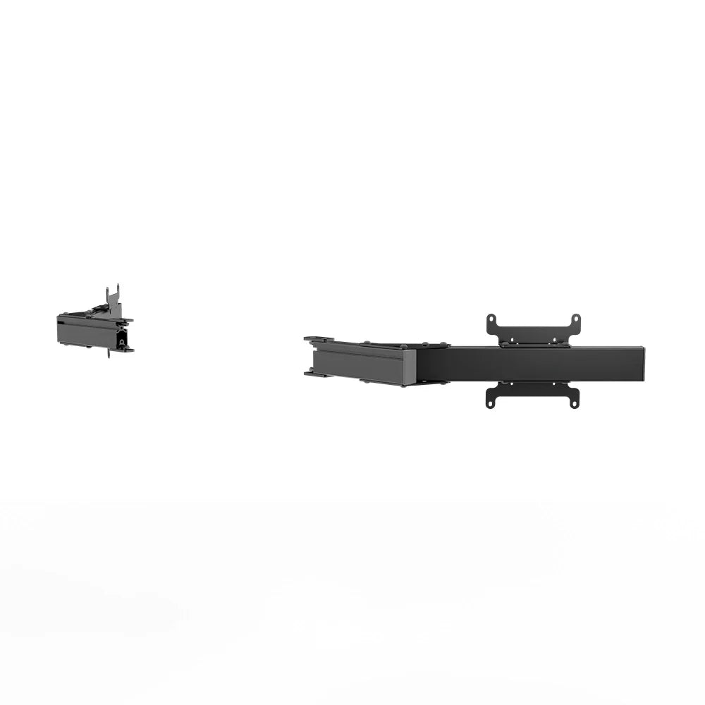 Black Apex monitor stand side arms in end and side views, showing curved extensions and VESA brackets