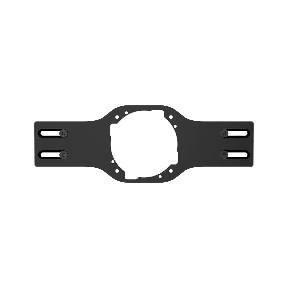 Front view of the black SIMGASM Asetek front wheel-mount bracket with slotted side holes