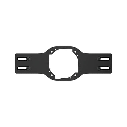 Front view of the black SIMGASM Asetek front wheel-mount bracket with slotted side holes