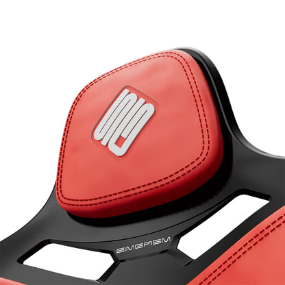 Close-up of the red headrest cushion on the black-shell SIMGASM Atlas Formula seat