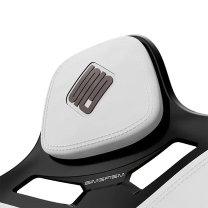 Close-up of the white headrest cushion on the black-shell SIMGASM Atlas Formula seat