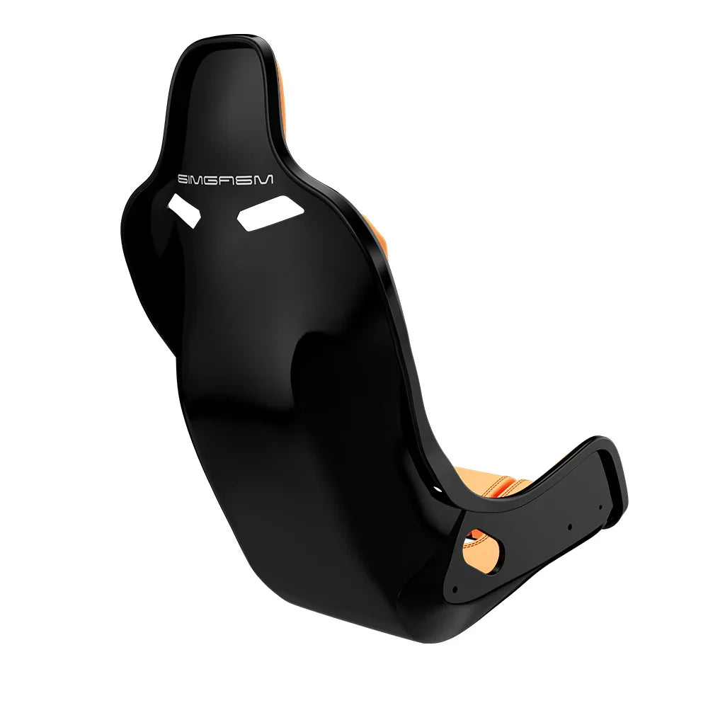 Rear three-quarter view showing orange side trim on the black-shell SIMGASM Atlas Formula seat
