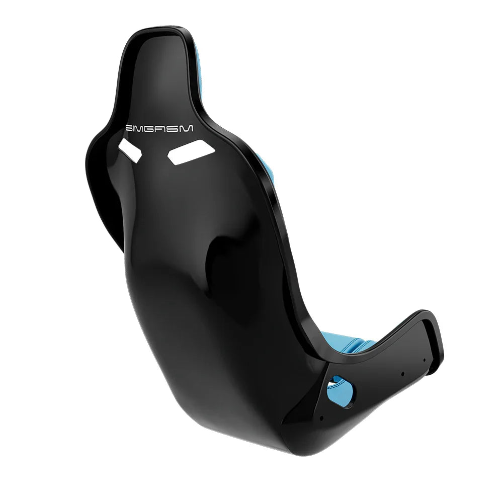 Rear three-quarter view showing blue side trim on the black-shell SIMGASM Atlas Formula seat