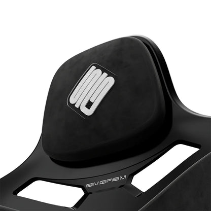 Close-up of the black headrest cushion on the black-shell SIMGASM Atlas Formula seat