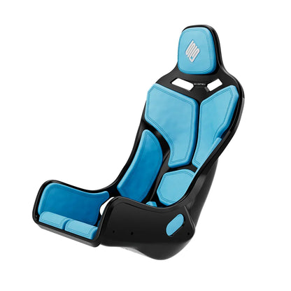 Black-shell SIMGASM Atlas Formula seat fitted with blue cushions in a front three-quarter view