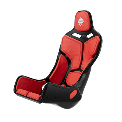 Black-shell SIMGASM Atlas Formula seat fitted with red cushions in a front three-quarter view