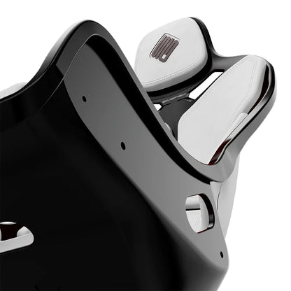 Close-up of the white cushions and side opening on the black-shell SIMGASM Atlas Formula seat