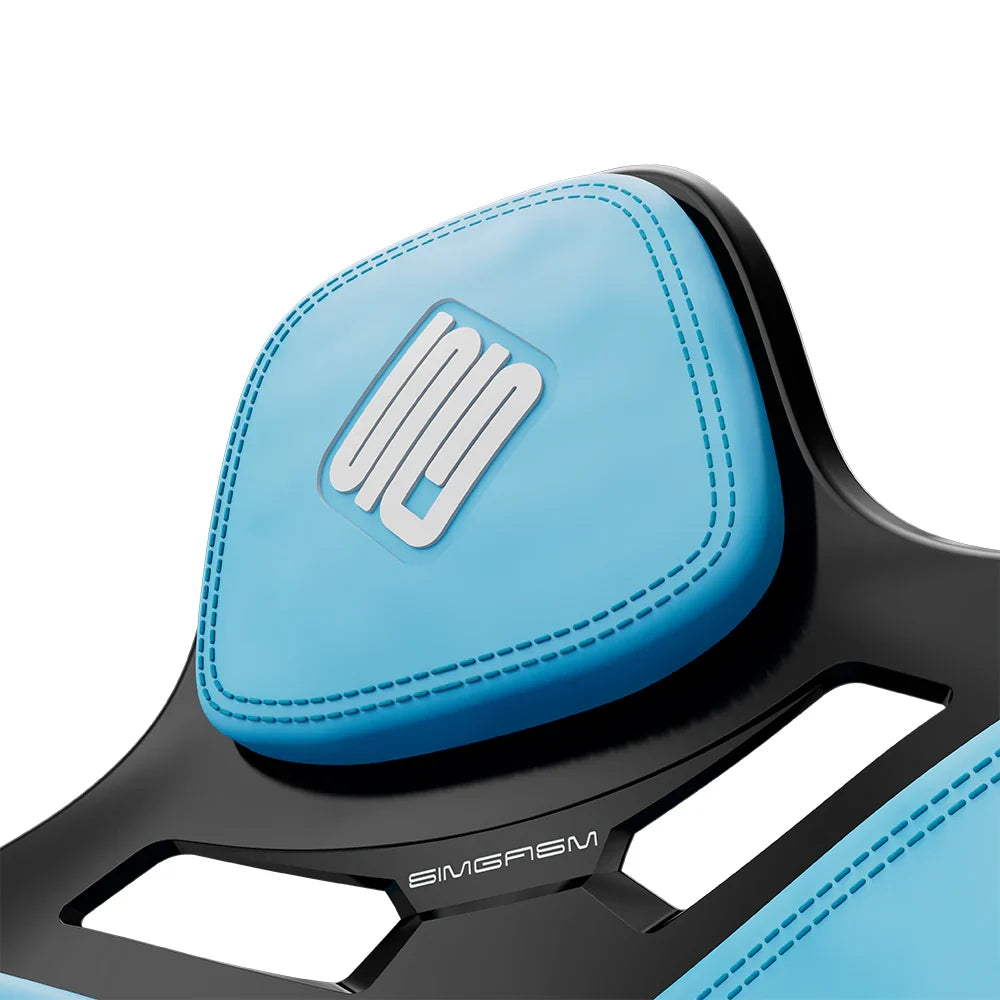 Close-up of the blue headrest cushion on the black-shell SIMGASM Atlas Formula seat
