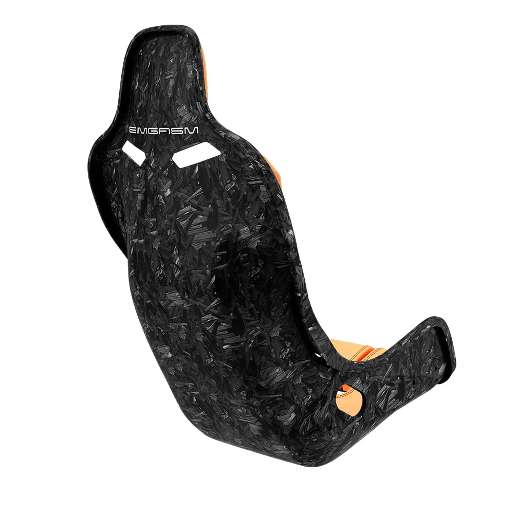 Rear three-quarter view showing orange side trim on the SIMGASM Atlas Formula seat with a Forged Carbon Look shell
