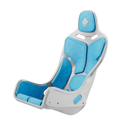 White-shell SIMGASM Atlas Formula seat fitted with blue cushions in a front three-quarter view