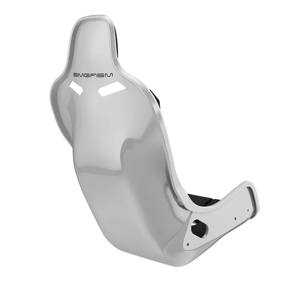 Rear three-quarter view showing the outer profile of the white-shell SIMGASM Atlas Formula seat