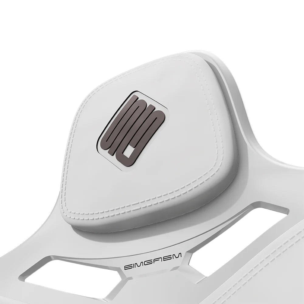 Close-up of the white headrest cushion on the white-shell SIMGASM Atlas Formula seat