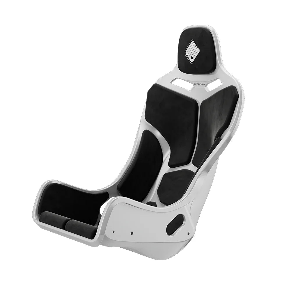 White-shell SIMGASM Atlas Formula seat fitted with black cushions in a front three-quarter view