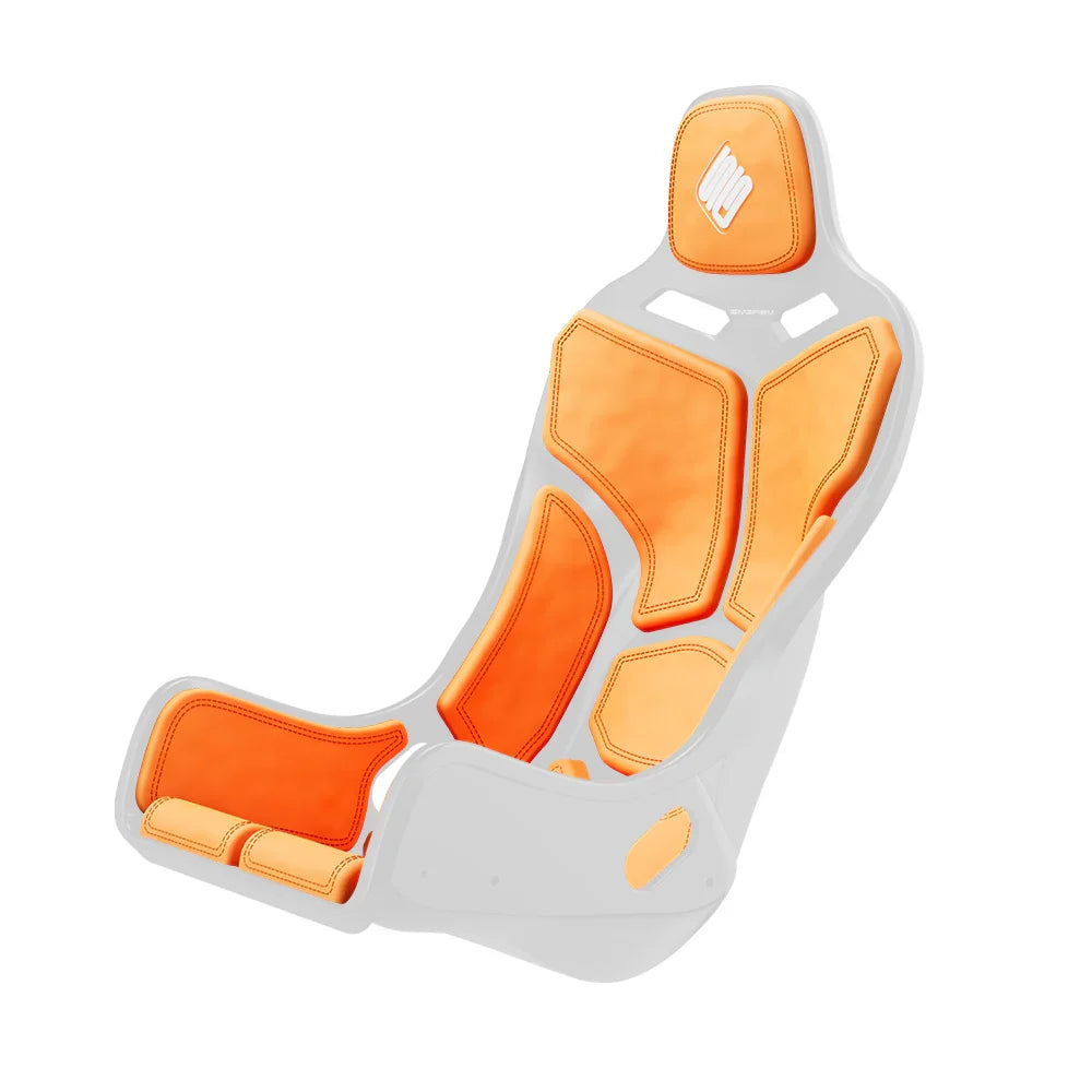 White-shell SIMGASM Atlas Formula seat fitted with orange cushions in a front three-quarter view
