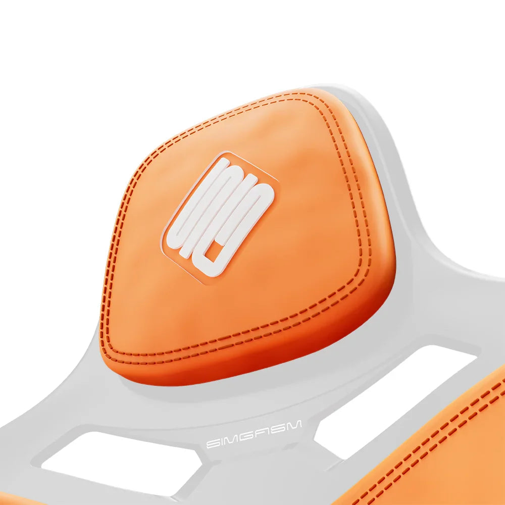 Close-up of the orange headrest cushion on the white-shell SIMGASM Atlas Formula seat