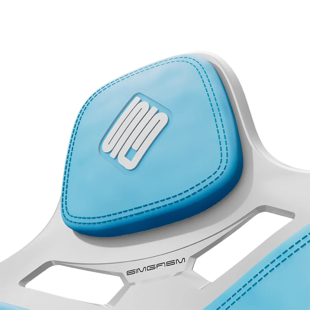 Close-up of the blue headrest cushion on the white-shell SIMGASM Atlas Formula seat