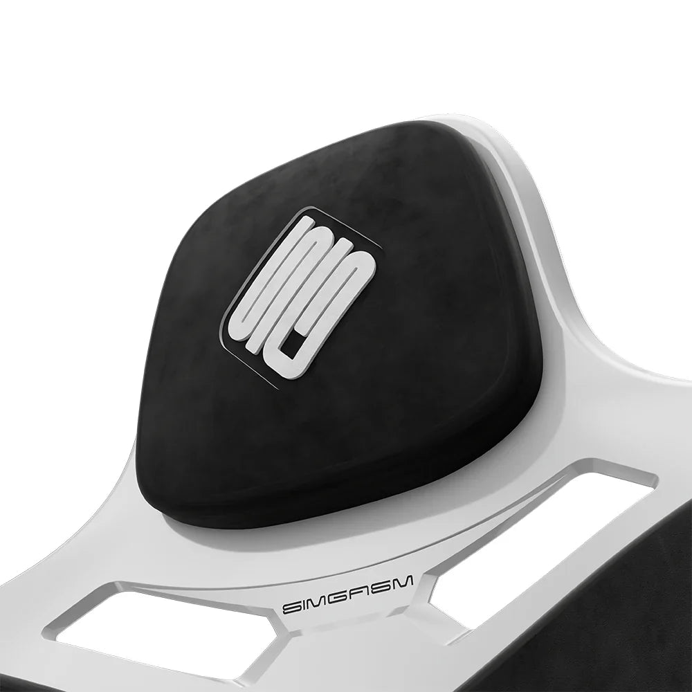 Close-up of the black headrest cushion on the white-shell SIMGASM Atlas Formula seat