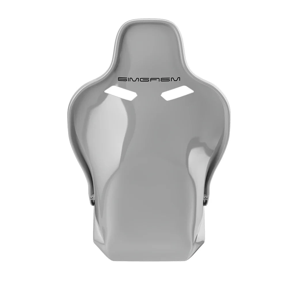 Rear view showing black trim on the white-shell SIMGASM Atlas Formula seat