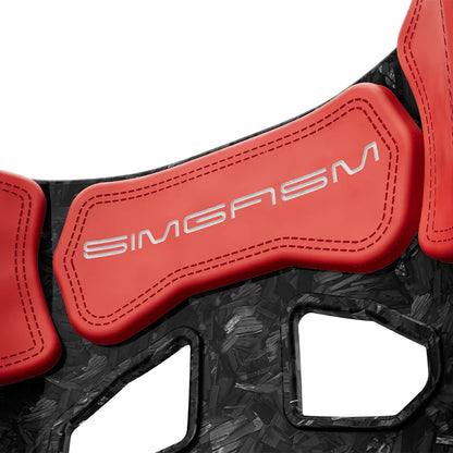Close-up of the red upper backrest cushion on the SIMGASM Atlas GT seat with a Forged Carbon Look shell