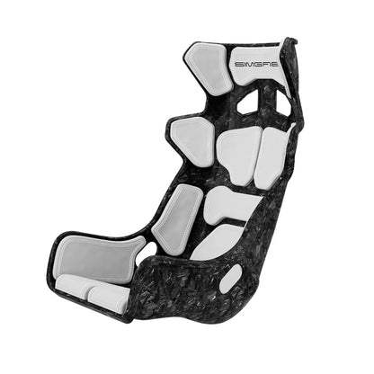 SIMGASM Atlas GT seat with a Forged Carbon Look shell fitted with white cushions in a front three-quarter view