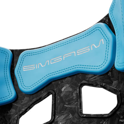 Close-up of the blue upper backrest cushion on the SIMGASM Atlas GT seat with a Forged Carbon Look shell