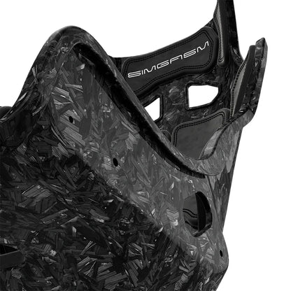 Close-up of the black cushions and side shell on the SIMGASM Atlas GT seat with a Forged Carbon Look shell