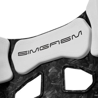 Close-up of the white upper backrest cushion on the SIMGASM Atlas GT seat with a Forged Carbon Look shell