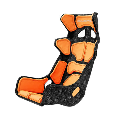 SIMGASM Atlas GT seat with a Forged Carbon Look shell fitted with orange cushions in a front three-quarter view