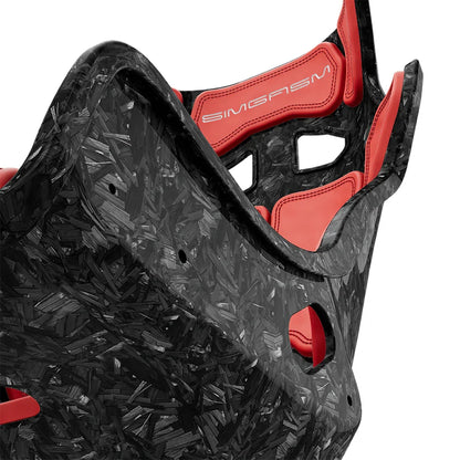 Close-up of the red cushions and side shell on the SIMGASM Atlas GT seat with a Forged Carbon Look shell