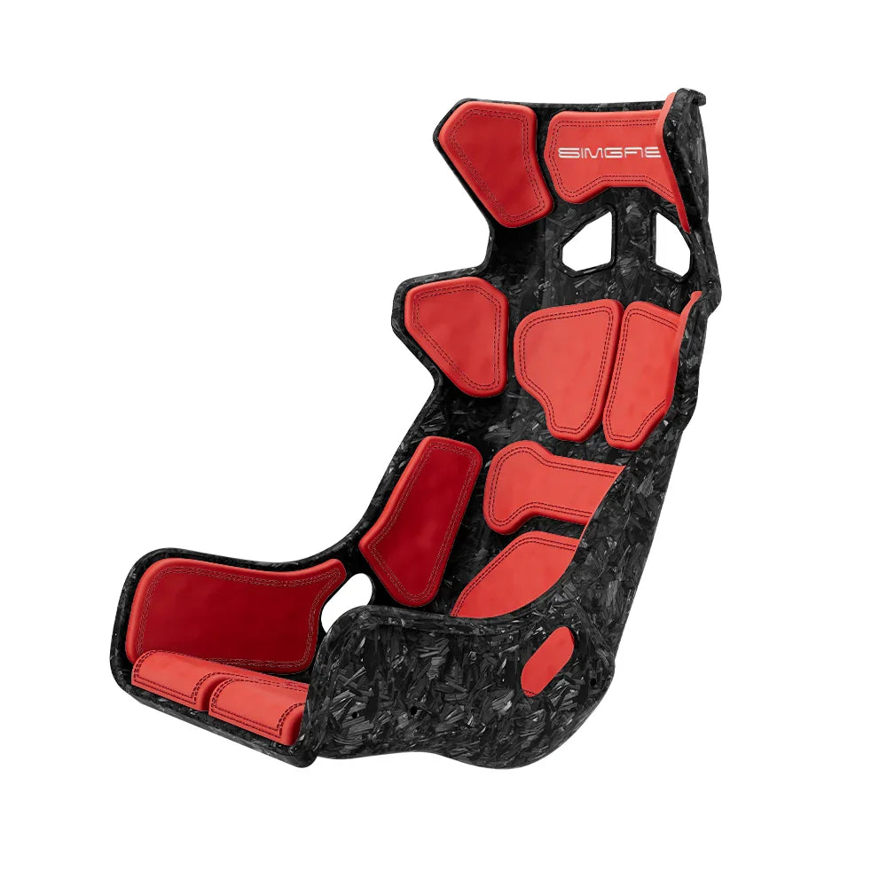 SIMGASM Atlas GT seat with a Forged Carbon Look shell fitted with red cushions in a front three-quarter view