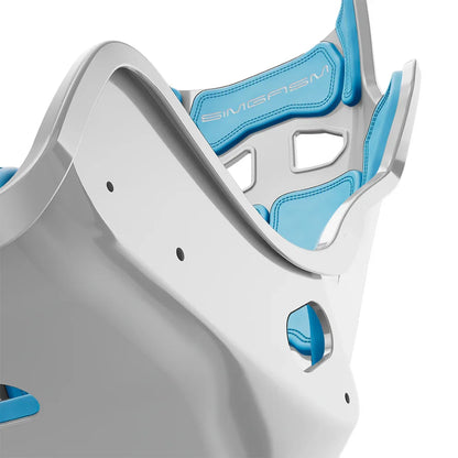 Close-up of the blue cushions and side shell on the white-shell SIMGASM Atlas GT seat