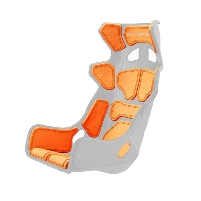 White-shell SIMGASM Atlas GT seat fitted with orange cushions in a front three-quarter view