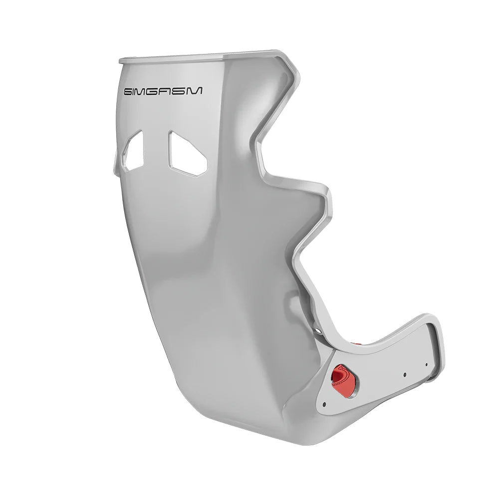Rear three-quarter view showing red side trim on the white-shell SIMGASM Atlas GT seat