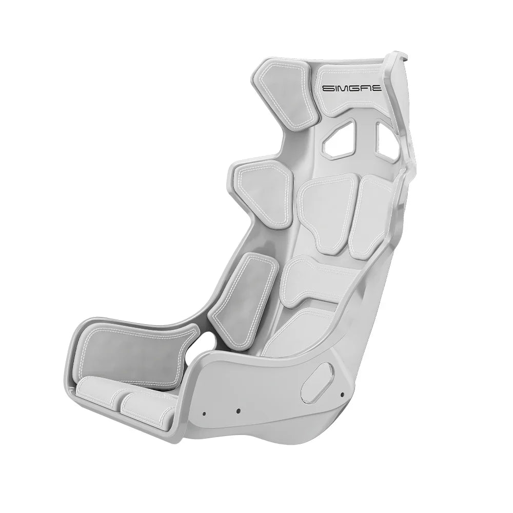 White-shell SIMGASM Atlas GT seat fitted with white cushions in a front three-quarter view