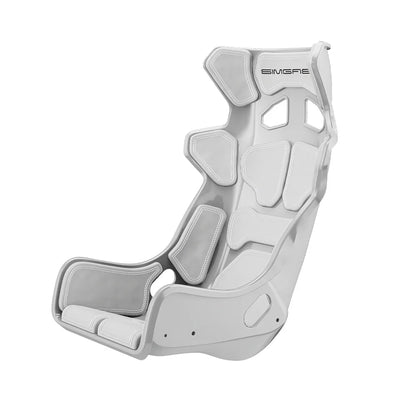 White-shell SIMGASM Atlas GT seat fitted with white cushions in a front three-quarter view