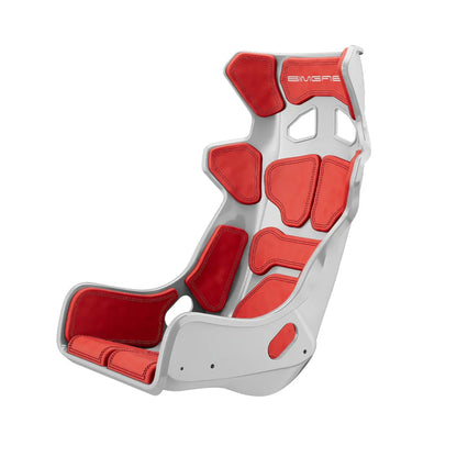 White-shell SIMGASM Atlas GT seat fitted with red cushions in a front three-quarter view