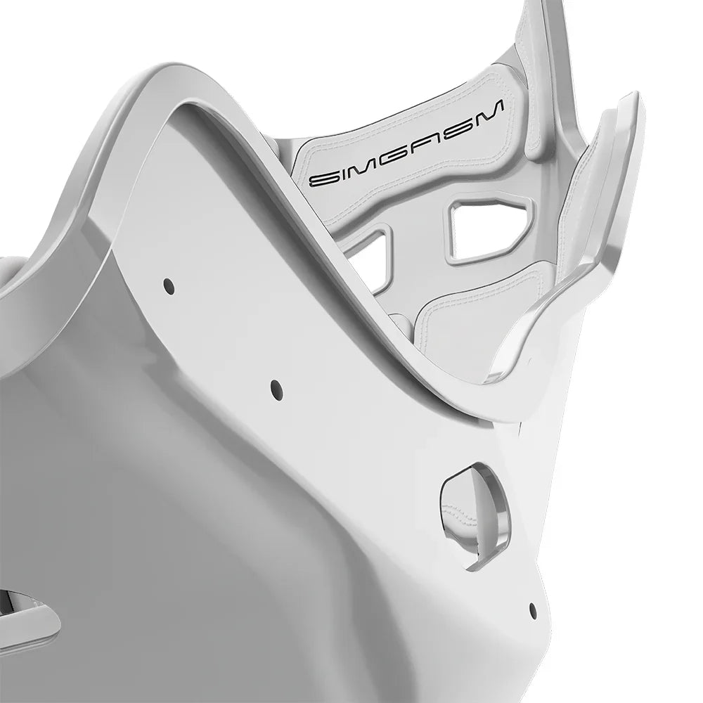 Close-up of the white cushions and side shell on the white-shell SIMGASM Atlas GT seat