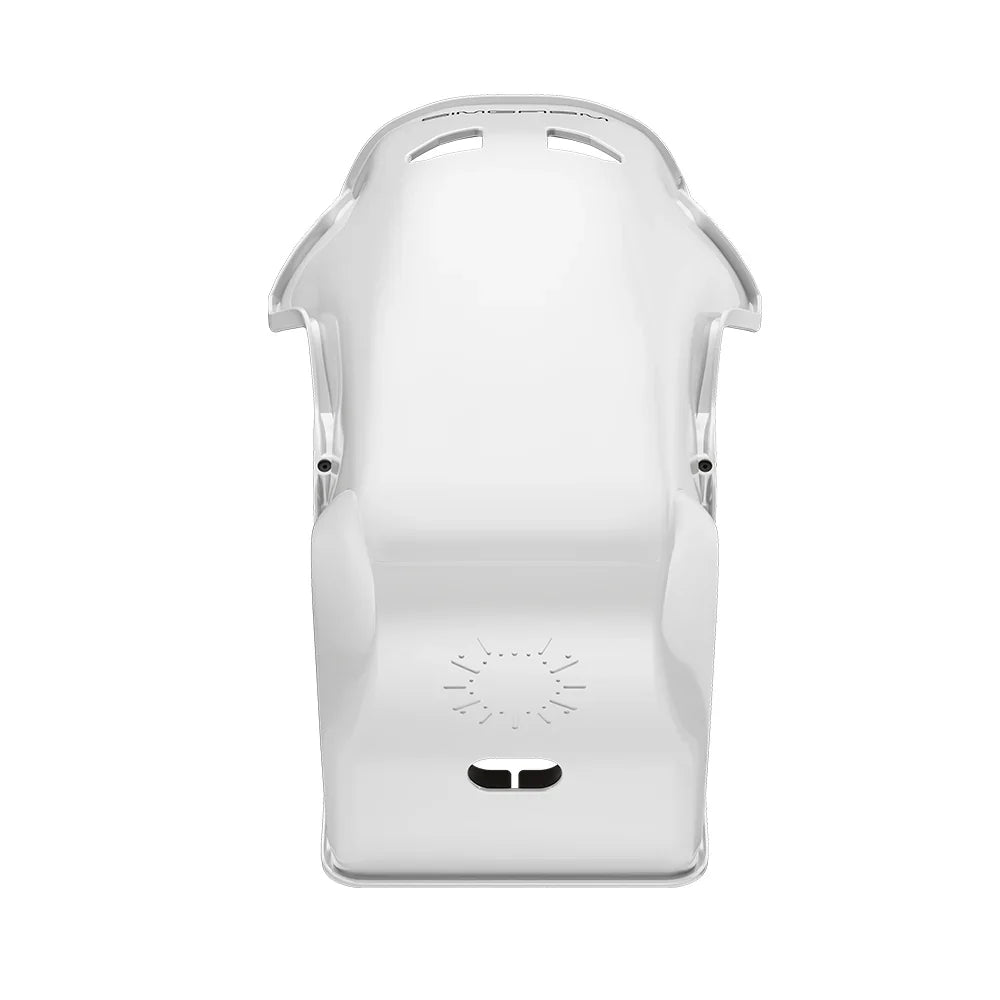 Top-down view of the white-shell SIMGASM Atlas GT seat without the removable cushions