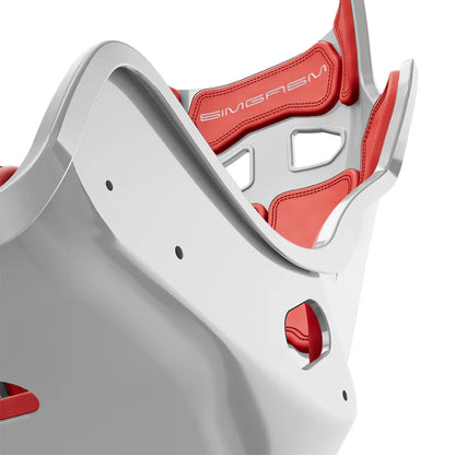 Close-up of the red cushions and side shell on the white-shell SIMGASM Atlas GT seat