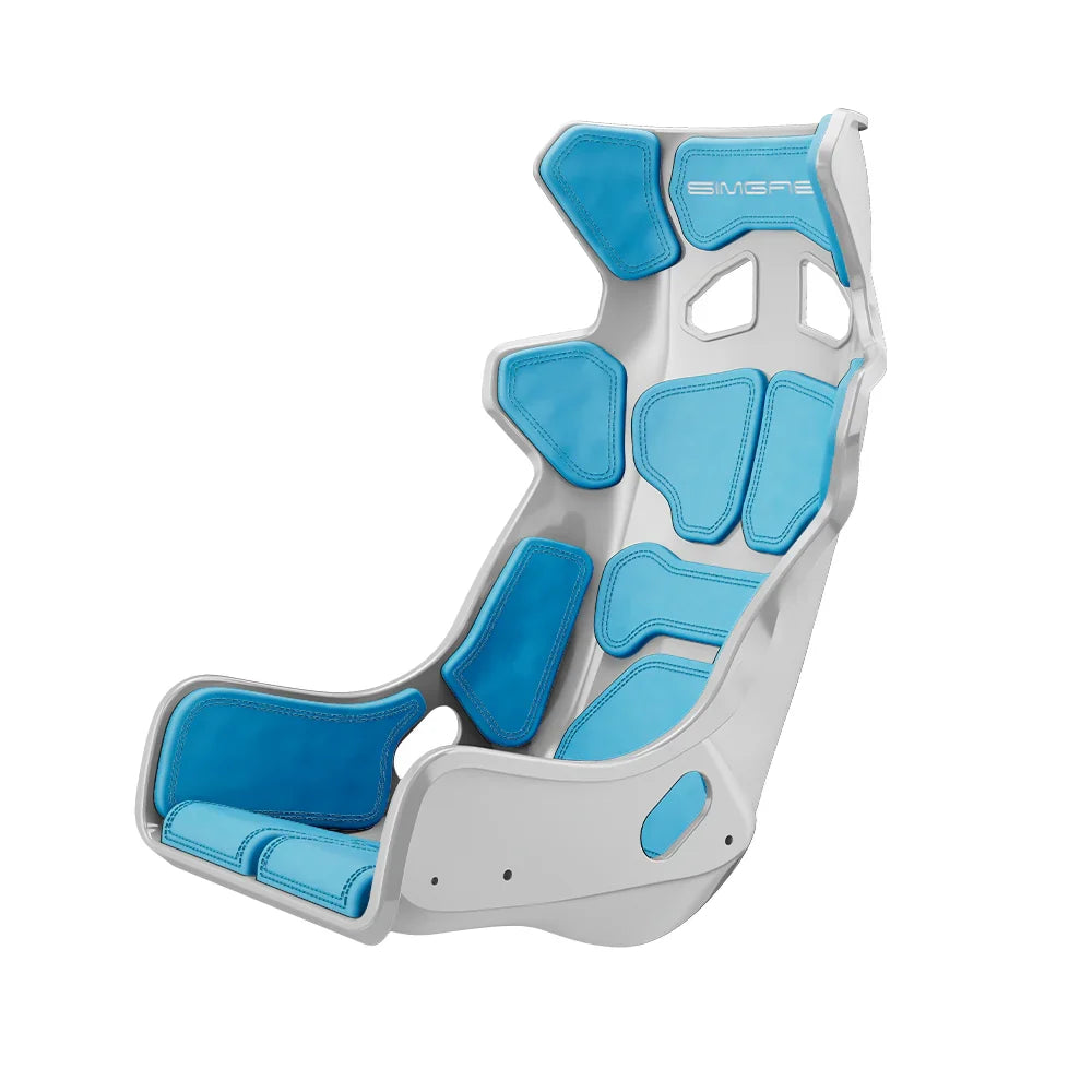 White-shell SIMGASM Atlas GT seat fitted with blue cushions in a front three-quarter view