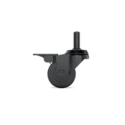 Side close-up of a black SIMGASM locking caster wheel and threaded mounting stem