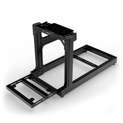 SIMGASM Club black sim racing cockpit, bottom-mount wheel deck, pedal-end three-quarter studio view