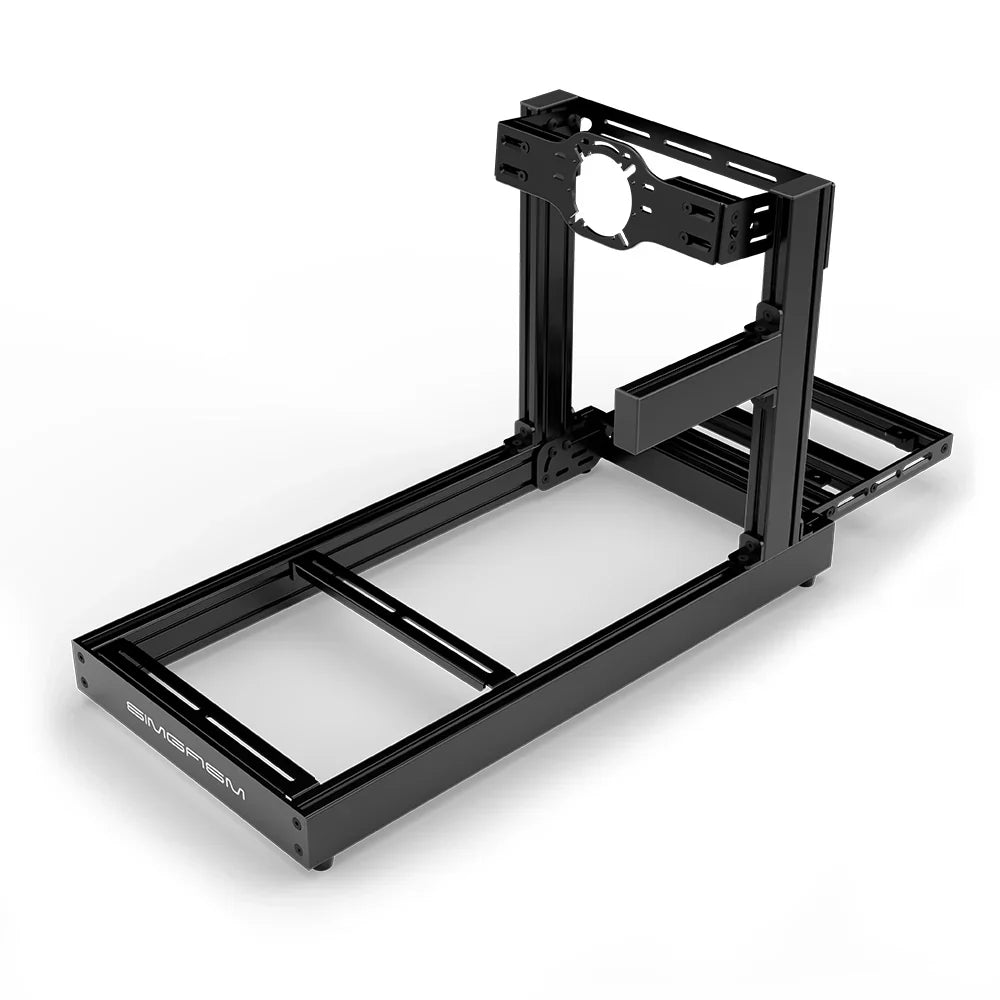 SIMGASM Club black sim racing cockpit, front-mount wheel plate, shifter-side three-quarter studio view