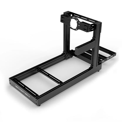SIMGASM Club black sim racing cockpit, front-mount wheel plate, shifter-side three-quarter studio view