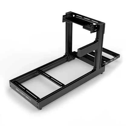 SIMGASM Club black sim racing cockpit, bottom-mount wheel deck, shifter-side three-quarter studio view