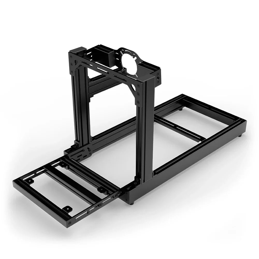 SIMGASM Club black sim racing cockpit, front-mount wheel plate, pedal-end three-quarter studio view