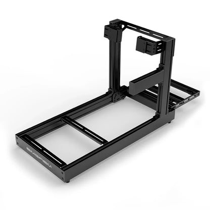 SIMGASM Club black sim racing cockpit, side-mount wheel brackets, shifter-side three-quarter studio view