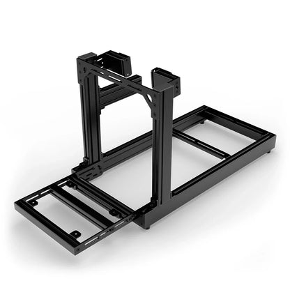 SIMGASM Club black sim racing cockpit, side-mount wheel brackets, pedal-end three-quarter studio view